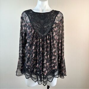 Self Esteem Black Sheer Floral Lace Boho Top Plus 1X Bell Sleeve Blouse